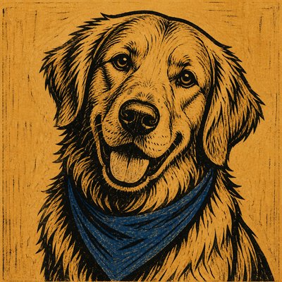 portrait of a golden retriever wearing a blue bandana, warm plain backdrop, no text