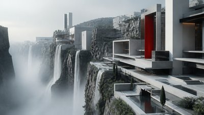 a cliffside city with waterfalls cascading into a misty canyon, wide establishing shot, no people, no text