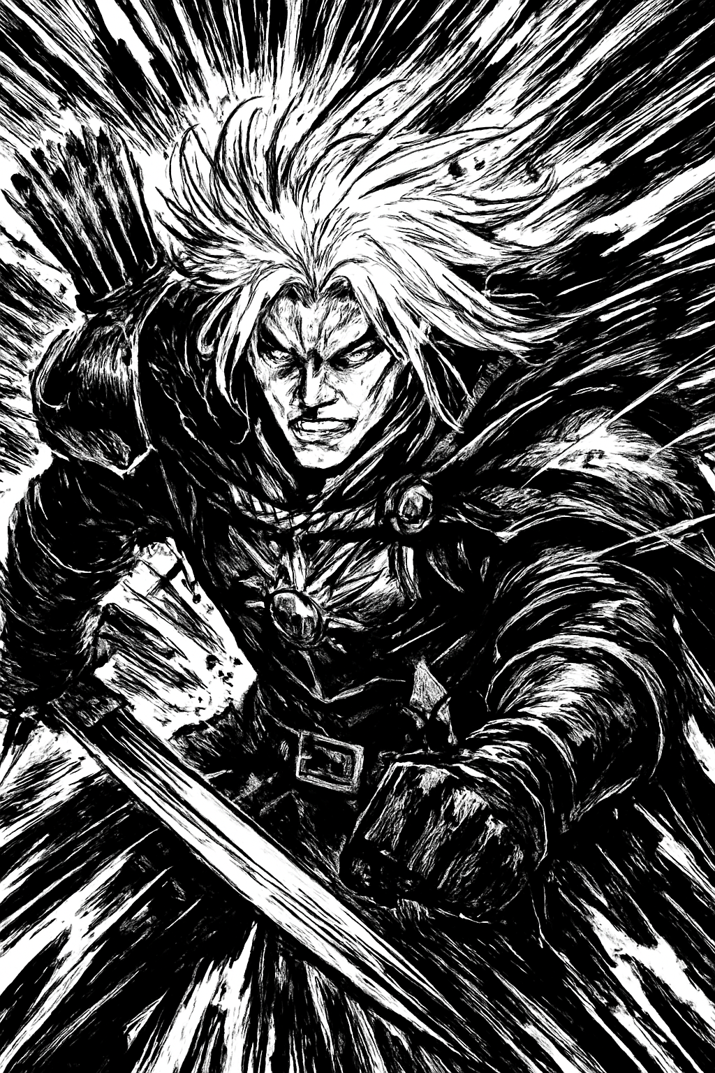 a black and white drawing of a man holding a sword