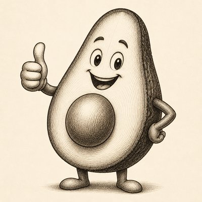a happy avocado character giving a thumbs up, bold readable design on a plain background, no text