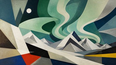 a flowing aurora over snowy peaks, wide sweeping composition, no people, no text