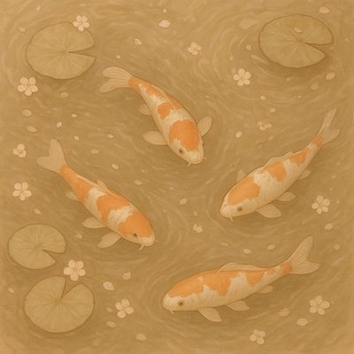 A koi pond seen from above, orange and white koi fish swimming among lily pads, clear water with subtle ripples, fallen cherry blossom petals floating on the surface, dappled sunlight