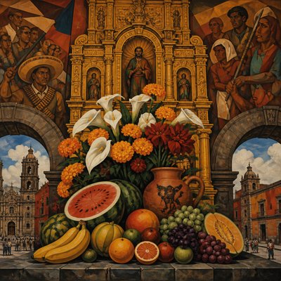 still life arrangement of fruits and flowers