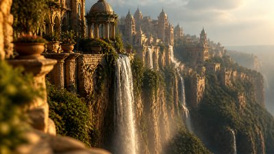 a cliffside city with waterfalls cascading into a misty canyon, wide establishing shot, no people, no text