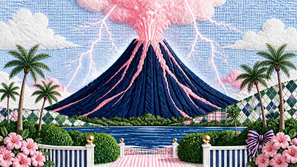 an erupting volcano with lightning strikes, dramatic wide composition, no text
