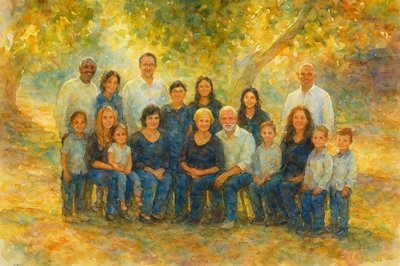 a painting of a family posing for a picture