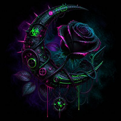 a rose entwined with a crescent moon, clean balanced composition on a plain background, no text