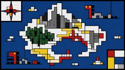a map of an island realm with mountains, forests, a sheltered bay, sea monsters in the water and a compass rose, no text labels