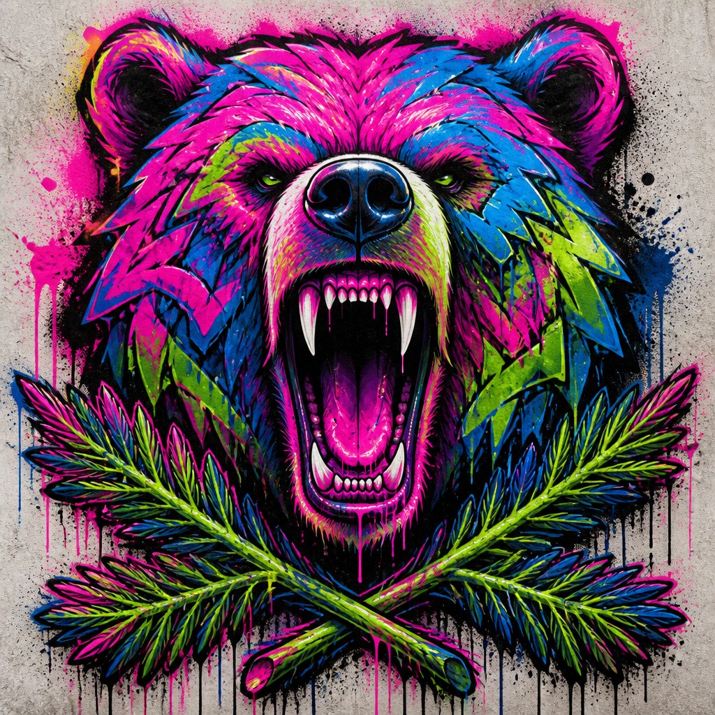 a roaring bear head above crossed pine branches, bold graphic composition on a plain background, no text
