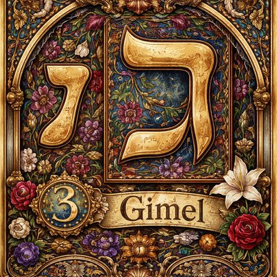 A picture of the Hebrew letter Gimel including both the paleo symbol of the foot and also the modern Hebrew Gimel symbol ג , the number 3 and the name of the letter "Gimel" 