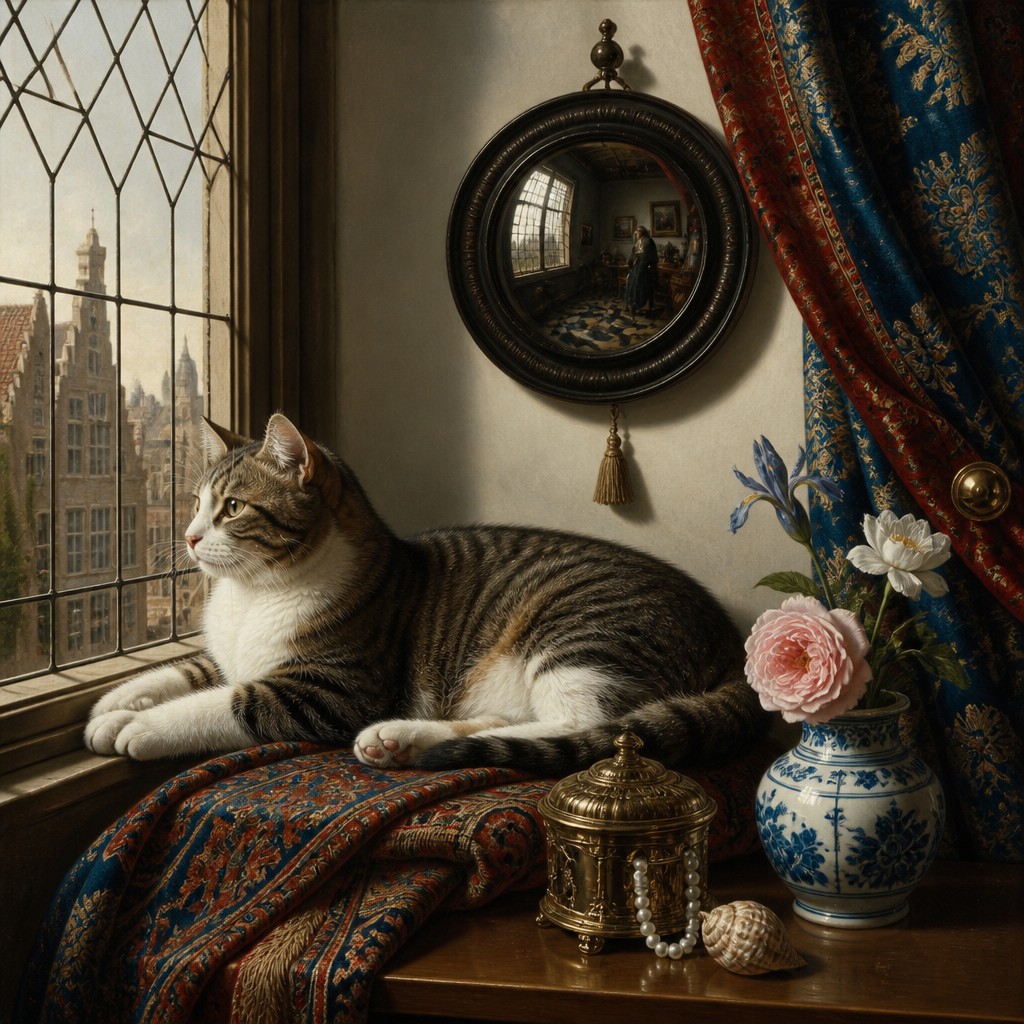 a cat lounging in a sunlit window — Flemish Primitives Art Style
