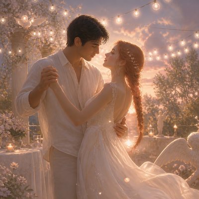an original couple dancing under string lights in a garden at dusk: a man with short black hair in a linen shirt and a woman with braided red hair in a summer dress