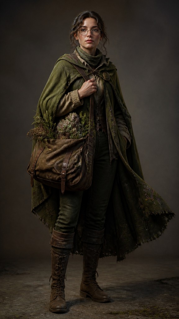 full-body original character: a wandering botanist with a satchel of plants, a patched green cloak, tall boots and round glasses, neutral background