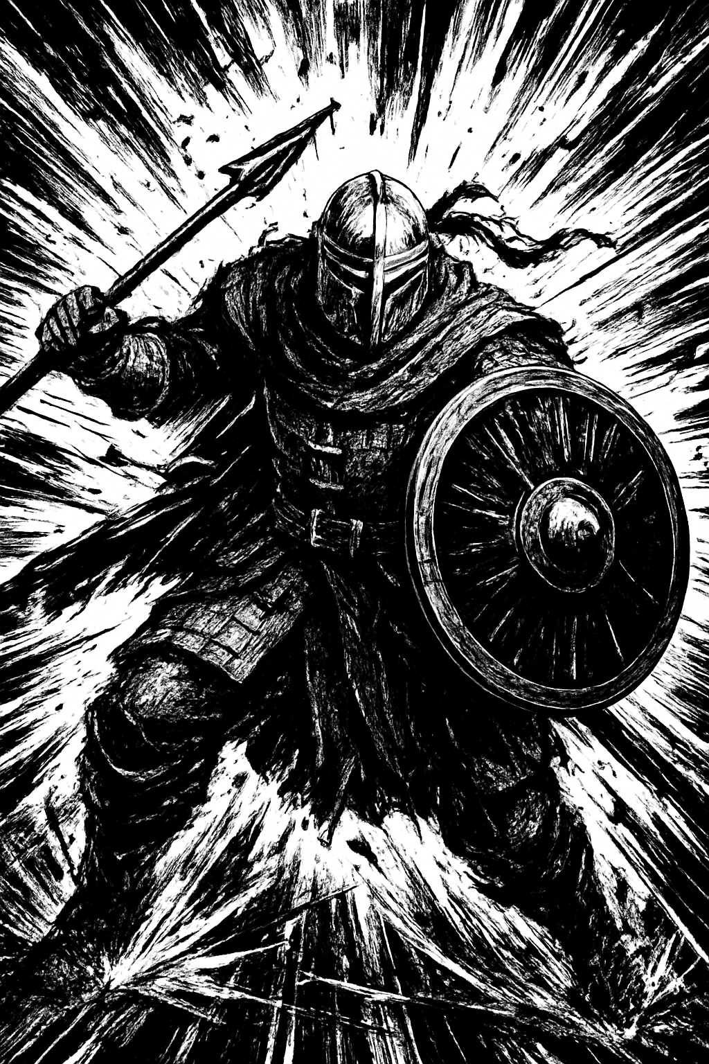 a black and white drawing of a knight holding a sword