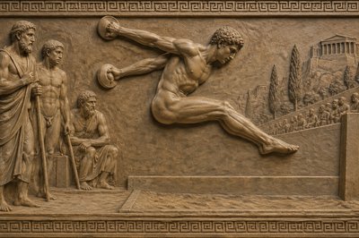 an ancient greek ignudi athlete doing the long jump while swinging his hand weights