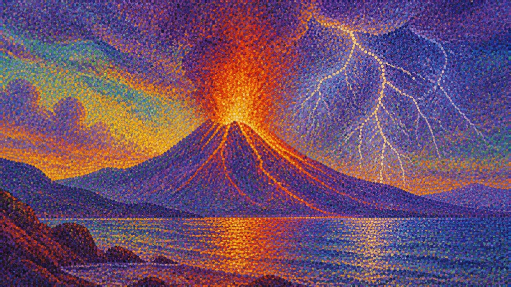 an erupting volcano with lightning strikes, dramatic wide composition, no text
