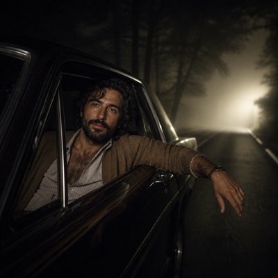 Un homme blanc, la quarantaine, des cheveux noirs, un peu longs genre à hauteur des yeux bouclés, il a un style décrivant, petite chemise, petit cardigan démodé, ceinture en cuir, il a une barbe, un petit peu fourni, une vieille montre vintage

Il roule dans une voiture, la nuit dans un brouillard dans la forêt, il a l’air plutôt serein, la lumière de sa voiture, éclaire l’obscurité de la route. 
Il a une main qui sort de la fenêtre de la voiture pendant qu’elle roule il a la chemise entrouverte, on peut voir ses poils de torses 