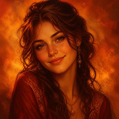 head-and-shoulders portrait of an original character: a young woman with wavy chestnut hair and a warm smile, plain soft backdrop