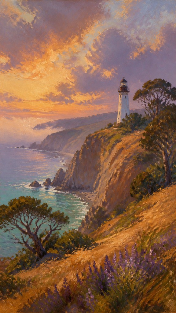 a lone lighthouse on a cliff at dusk under a dramatic sky, no text or lettering
