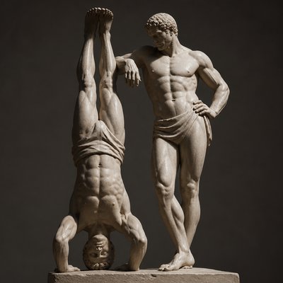 ancient greek athlete standing on his head and leaning against another athlete