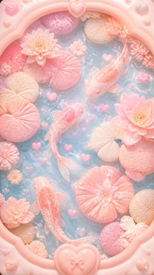 a koi pond with lily pads seen from above, no people