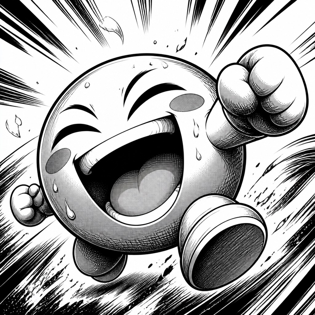 an exaggerated laughing face of an original round mascot character, bold and readable at small size, plain background, no text