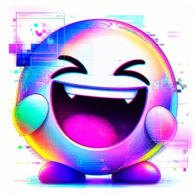 an exaggerated laughing face of an original round mascot character, bold and readable at small size, plain background, no text
