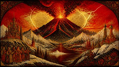 an erupting volcano with lightning strikes, dramatic wide composition, no text