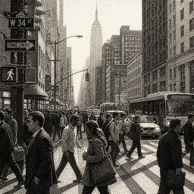 urban street with city activity — Stippling Dotwork Style