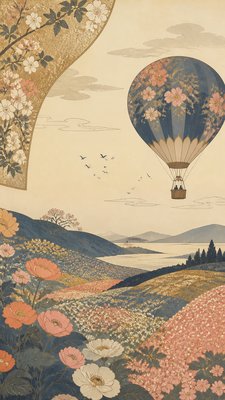 a hot air balloon drifting over rolling flower fields on a sunny day, cheerful, no text