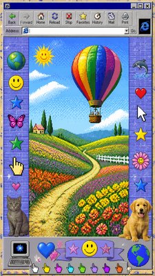 a hot air balloon drifting over rolling flower fields on a sunny day, cheerful, no text