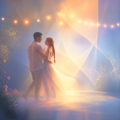 an original couple dancing under string lights in a garden at dusk: a man with short black hair in a linen shirt and a woman with braided red hair in a summer dress