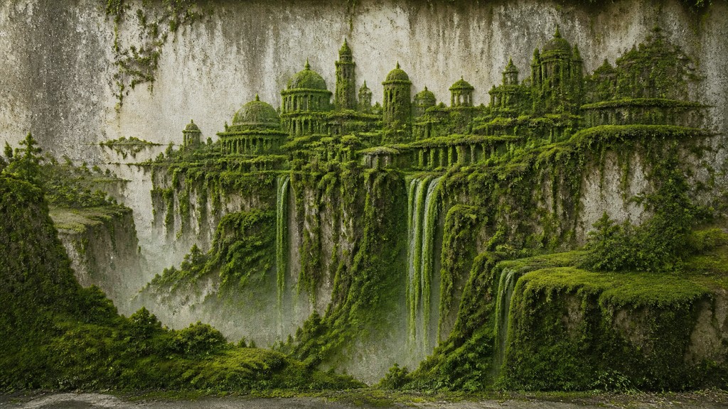 a cliffside city with waterfalls cascading into a misty canyon, wide establishing shot, no people, no text