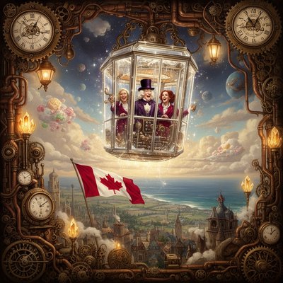 An awe-inspiring and whimsical scene featuring Willy Wonka's Great Glass Wonkavator, soaring through the sky and beyond the confines of Ontario Canada and its flag. The Wonkavator itself is a magnificent, multi-directional glass elevator, transparent and sparkling, with Willy Wonka (wearing his iconic top hat, purple coat, and bowtie) and 2 Canadian ladies looking out with expressions of joy, wonder and excitement. The interior is filled with intricate buttons and levers for controlling its magical flight. The Wonkavator is depicted in mid-flight, ascending above the clouds flying out to the ocean. Below it, the fantastical landscape of Ontario Canada is visible with a large Canadian flay flying over the city. – and various whimsical buildings. Beyond Ontario, a stunning, imaginative sky unfolds, perhaps with floating candy clouds, distant fantastical landmarks, or even glimpses of outer space and planets. The lighting is bright and magical, emphasizing the glass's transparency and the vibrant colors of the world below and beyond. The overall mood is one of boundless adventure, limitless possibilities, and pure, joyful fantasy."