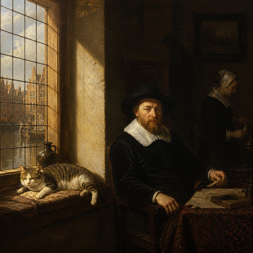 a cat lounging in a sunlit window — Amsterdam Golden Age Art Style