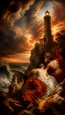 a lone lighthouse on a cliff at dusk under a dramatic sky, no text or lettering