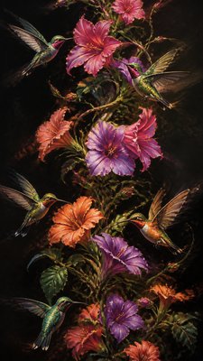 a climbing vine of flowers and hummingbirds on a dark background, tall wrapping composition, no text
