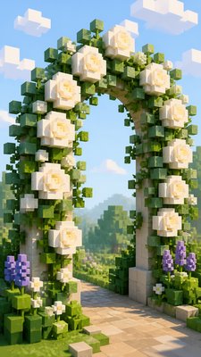 an arch of white roses and eucalyptus in soft morning light, elegant vertical composition with open space, no text