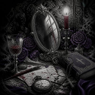 still life with everyday objects — Dark Gothic Anime Art Style