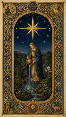 a robed figure pouring water beneath a large eight-pointed star in a night sky, symmetrical composition with an ornate decorative border, no text