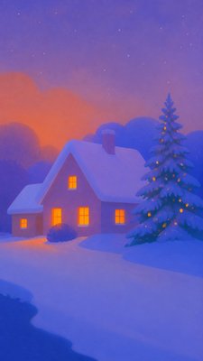 a snow-covered cottage with warm glowing windows beside a decorated pine tree, gentle snowfall, no text