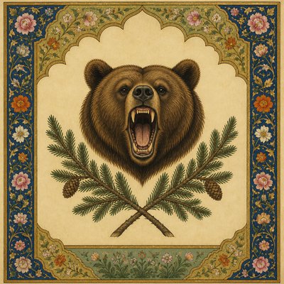 a roaring bear head above crossed pine branches, bold graphic composition on a plain background, no text