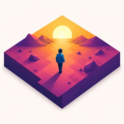 a solitary figure walking toward a glowing horizon across an empty plain, moody atmosphere, no text or lettering