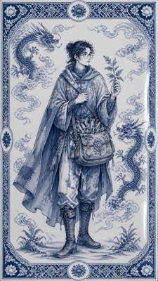 full-body original character: a wandering botanist with a satchel of plants, a patched green cloak, tall boots and round glasses, neutral background