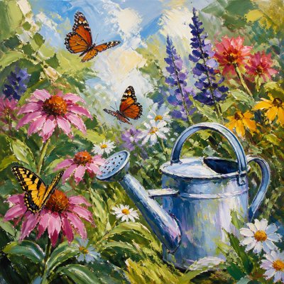 a garden scene with butterflies, flowers and a watering can, clean uncolored line art, no text