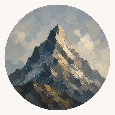 an emblem of a mountain peak inside a circle, simple bold shapes on a plain background, no text or lettering