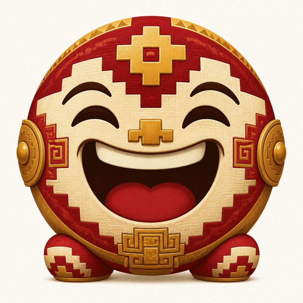 an exaggerated laughing face of an original round mascot character, bold and readable at small size, plain background, no text