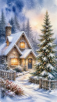 a snow-covered cottage with warm glowing windows beside a decorated pine tree, gentle snowfall, no text