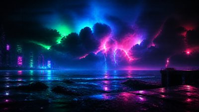 a panoramic ocean horizon with towering clouds at golden hour, no people