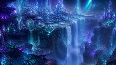a cliffside city with waterfalls cascading into a misty canyon, wide establishing shot, no people, no text